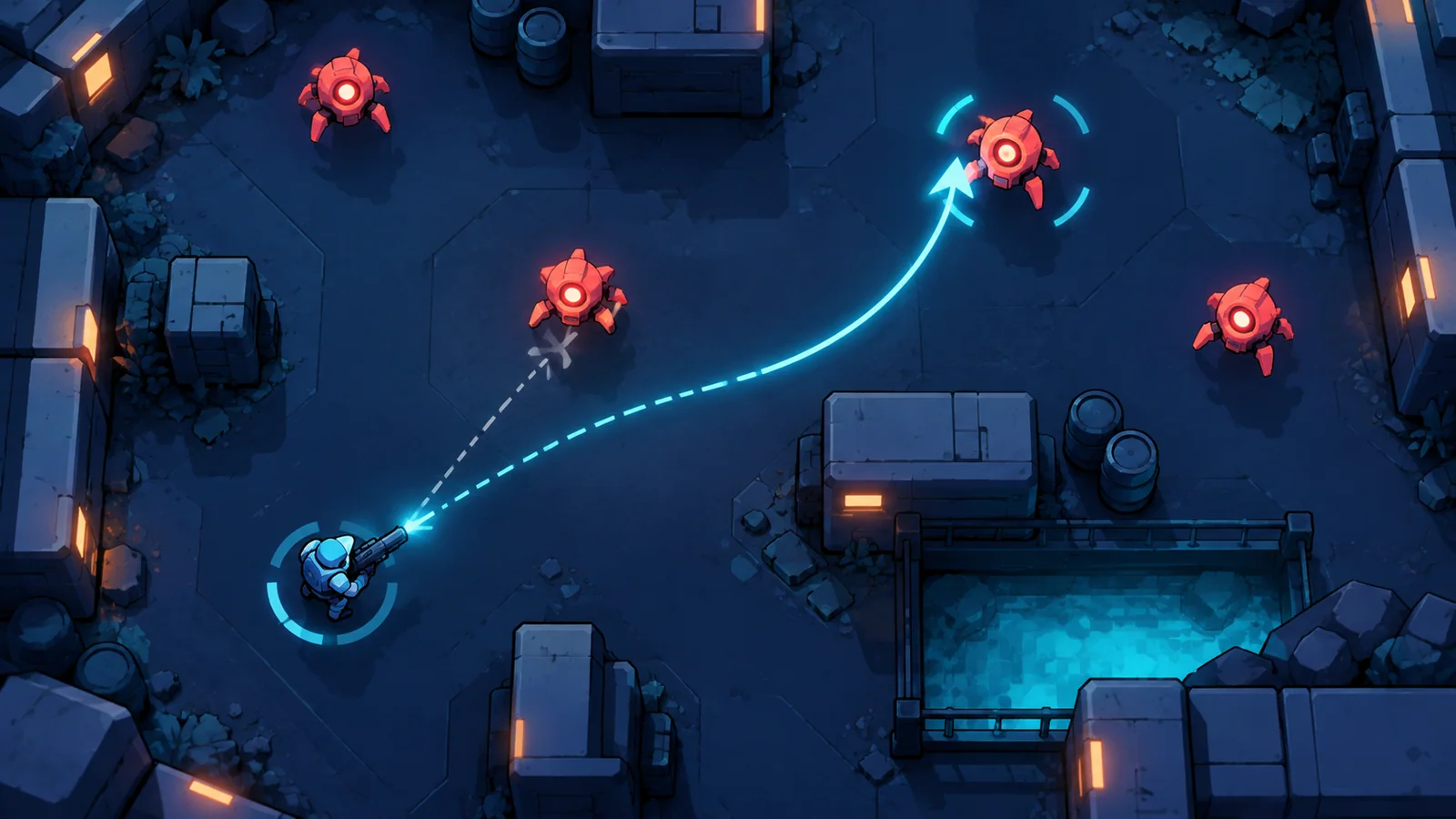 A curved aim line preserves the selected target