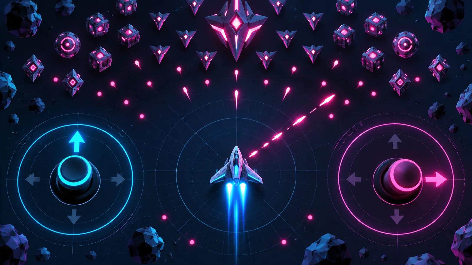 A ship moves and fires between two joystick diagrams